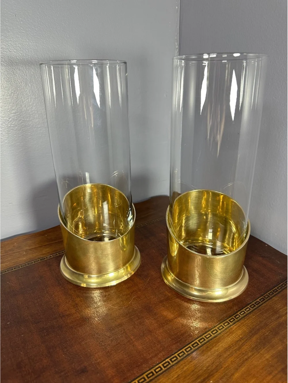 Vintage 1995 Ambrosia Brass&Glass Hurricane Candle Holders Pair - Made in India